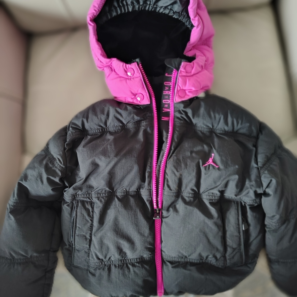 Jordan Kids Black Puffer Jacket with Pink Hood & Trim